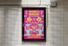 Festival Plakat für den Gestaltungswettbewerb Umsonst und Draussen Festival Würzburg 2025. Erstellt von Grafikdesignerin Theresa Fischer aus Oberau bei Garmisch-Partenkirchen. Fröhliches Design. Event-Design. Bunt. Erstellt im Rahmen eines Plakatwettbewerbs an der THWS in Würzburg. 