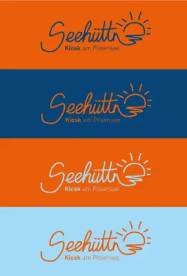 Zu sehen ist das Logo der Seehüttn in vier verschiedenen Farbvariationen. Der Hintergrund ist Hellblau, Orange oder Dunkelblau und das Logo Orange, Hellblau oder Dunkelblau. Gestaltet von der Grafikdesignerin Theresa Fischer aus Oberau bei Garmisch-Partenkirchen.